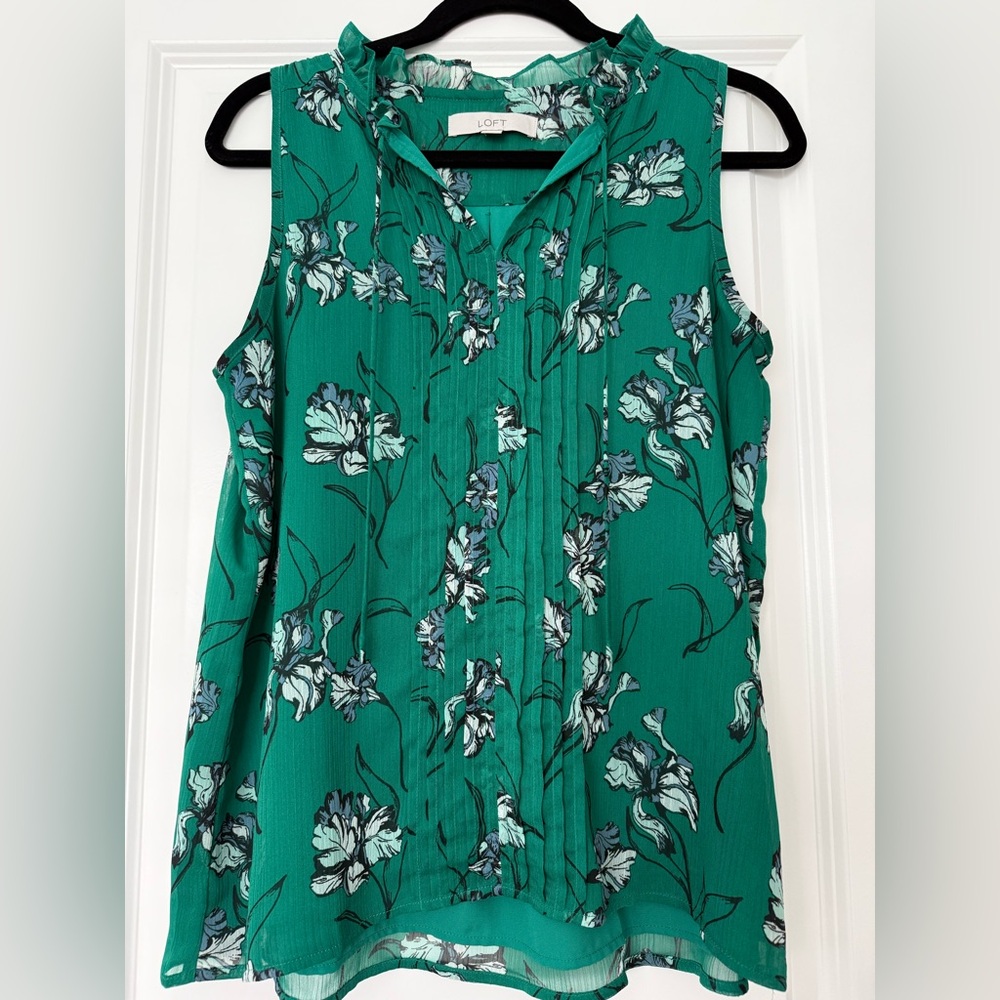 LOFT Teal Floral Sleeveless Tie-Neck Blouse